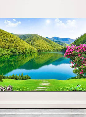 山水画湖泊湖水田园风光装饰画青山绿水客厅挂画卧室床头自粘壁画