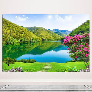 山水画湖泊湖水田园风光装饰画青山绿水客厅挂画卧室床头自粘壁画