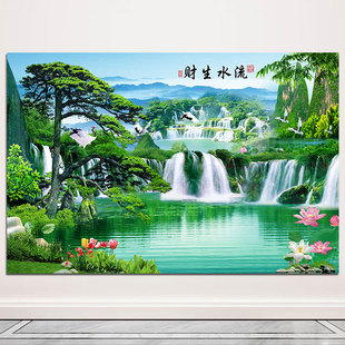 青山绿水流水生财山水画客厅卧室迎客松招财风景画海报装饰墙壁画
