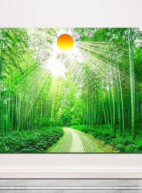 富贵竹竹林阳光林荫小道节节高竹子风景画绿色护眼图竹报平安挂画