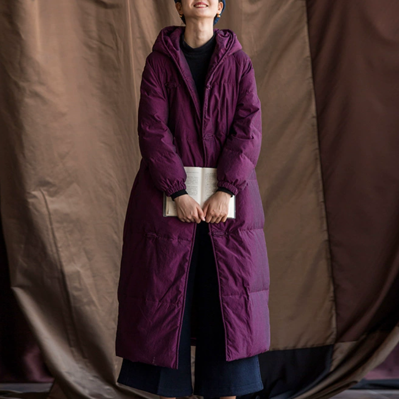 冬季新品复古中国风女装 加厚白鹅绒中长款连帽盘扣文艺羽绒服女