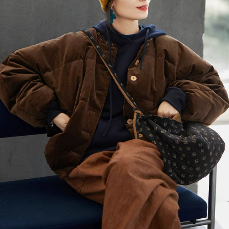 冬季新款文艺复古原创女装保暖平绒丝雾咖百搭休闲南瓜羽绒服