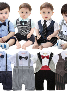 男宝宝百日周岁礼服婴儿连体衣服夏装绅士短袖新生儿哈衣满月薄款