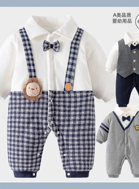 男宝宝冬季外出棉服加厚婴儿哈衣满月百天连体衣冬装男孩周岁礼服