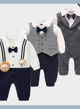 婴儿礼服绅士男宝宝新年衣服连体衣西装百天周岁秋冬装过年拜年服