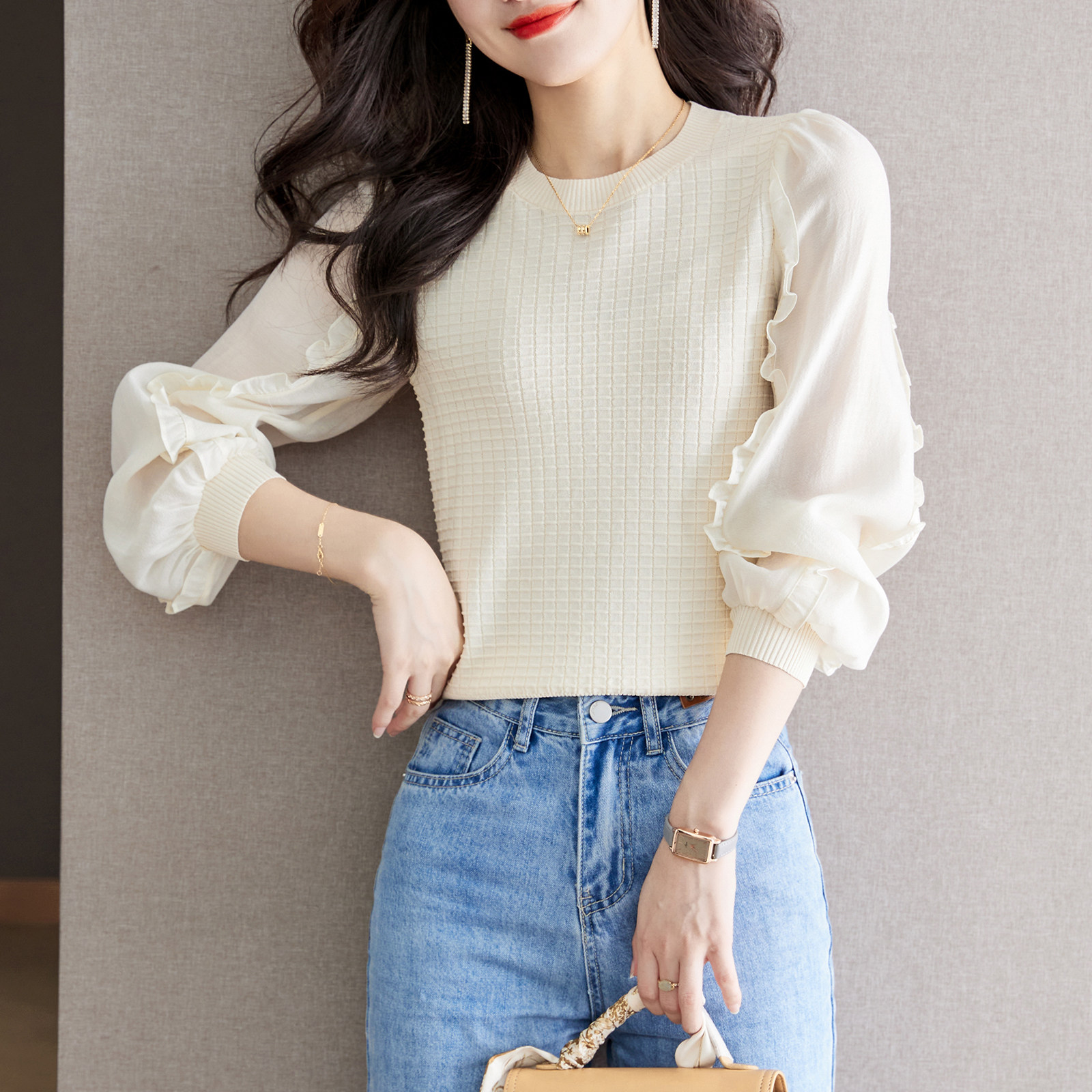 수유복 하의 셔츠 긴팔 가을 겨울 산후 스플리싱 니트 반와이셔츠 외출 라운드넥 수유 상의