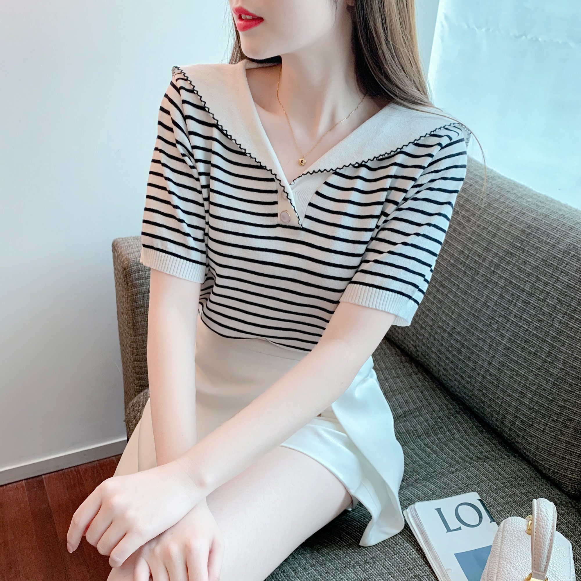 간호 탑 봄 여름 긴팔 산후 대학 스타일 네이비 칼라 스트라이프 외출 니트 스웨터 바닥 셔츠 간호 스웨터