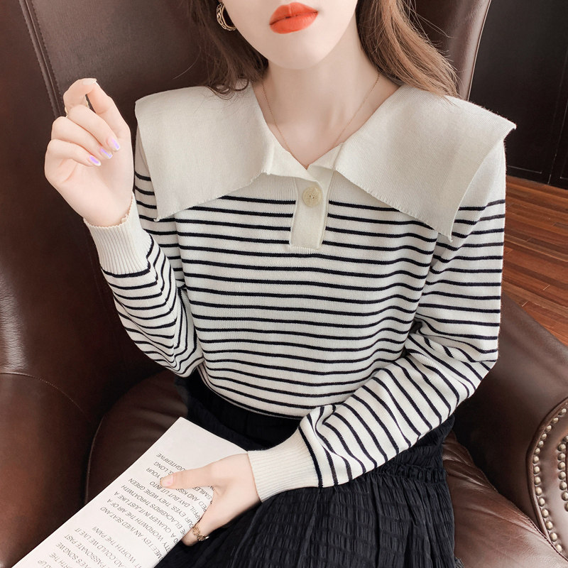 가을 새로운 줄무늬 니트 긴팔 산후 모유 수유 티셔츠 연령 감소 대학 스타일 부드러운 어머니 나들이 간호 탑