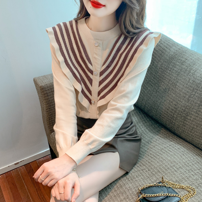 간호 니트 탑 산후 긴 소매 가을 겨울 레이스 라운드 넥 컬러 매칭 나들이 기질 슬림 피트 간호 바닥 셔츠 유행