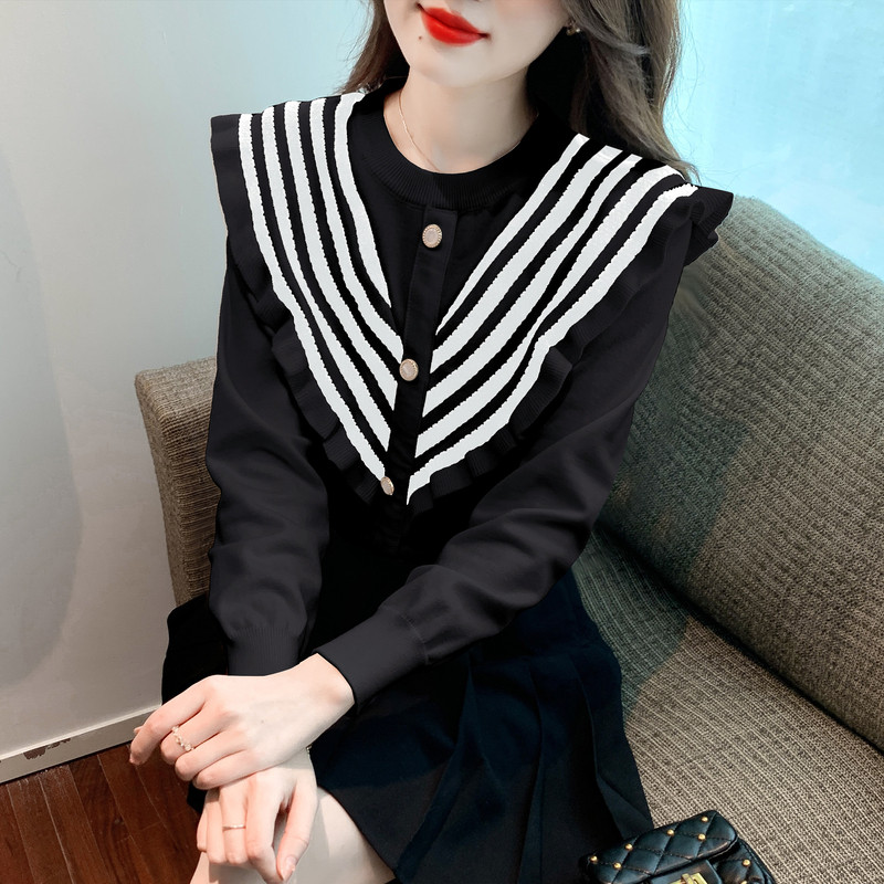 간호 니트 탑 산후 긴 소매 가을 겨울 레이스 라운드 넥 컬러 매칭 나들이 기질 슬림 피트 간호 바닥 셔츠 유행