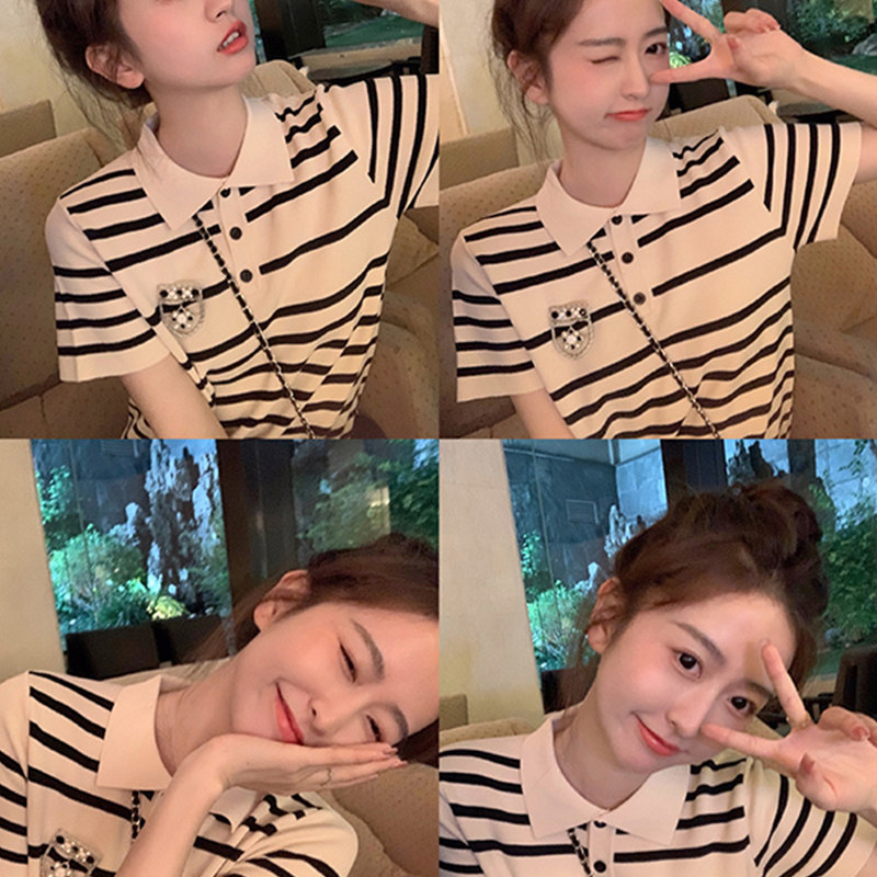 여름 새로운 반팔 모유 수유 티셔츠 느슨한 니트 스트라이프 감금 의류 세련된 뜨거운 엄마 간호 복장