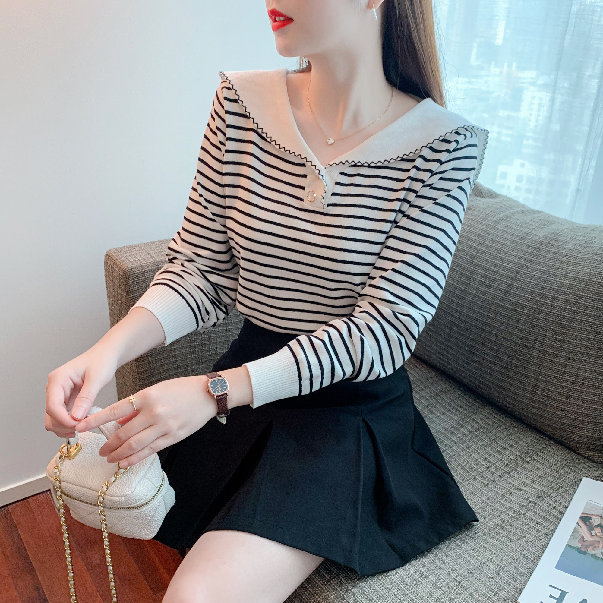 간호 탑 봄 여름 긴팔 산후 대학 스타일 네이비 칼라 스트라이프 외출 니트 스웨터 바닥 셔츠 간호 스웨터