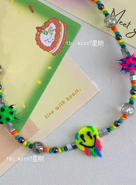 smile｜原创小众设计夏日彩色鬼马笑脸可爱多巴胺捷克珠串珠项链