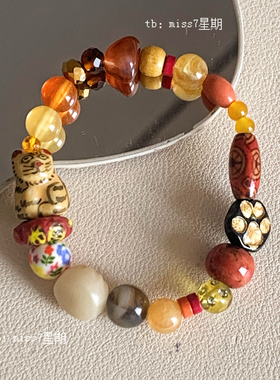 招财猫｜原创小众设计ins可爱复古丑萌搞怪橘猫不规则串珠手链