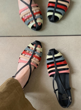 羊皮包头镂空平底罗马凉鞋女
