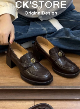 2026新款真皮英伦风山茶花乐福鞋女黑色圆头金属扣一脚蹬复古单鞋