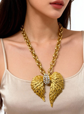 欧美风重工夸张复古天使之翼浮雕翅膀镶钻项链轻奢高级感锁骨链潮