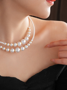 强光白珍珠锁骨脖子颈链女款项链小众项圈choker高级感双层毛衣链