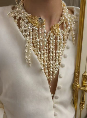 欧美重工高级感手工编织珍珠流苏项圈浮雕闪钻狮子头名媛风项链女