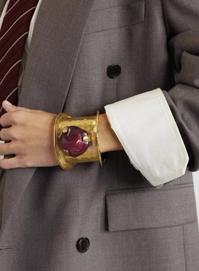 法式复古巴黎风金属锤纹镶嵌圆形树脂宝石手镯轻奢时尚高级感手饰