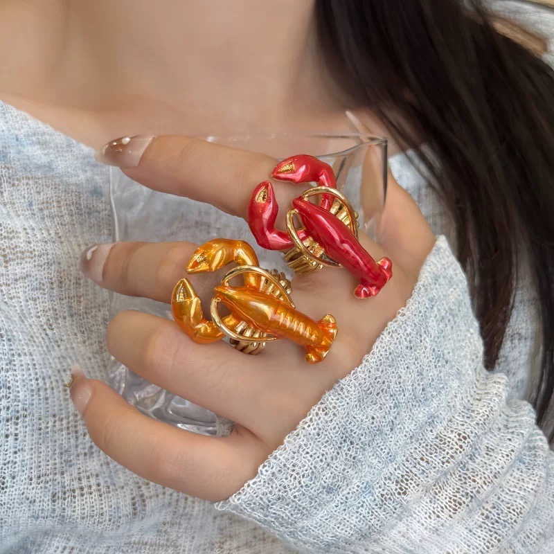 欧美ins个性海洋风滴油彩色龙虾形戒指时尚轻奢高级感复古指环 潮