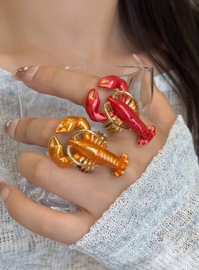 欧美ins个性海洋风滴油彩色龙虾形戒指时尚轻奢高级感复古指环 潮