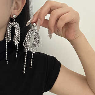 复古金属圆珠流苏显脸瘦耳钉长款2024年新款耳饰夸张耳环高级感女