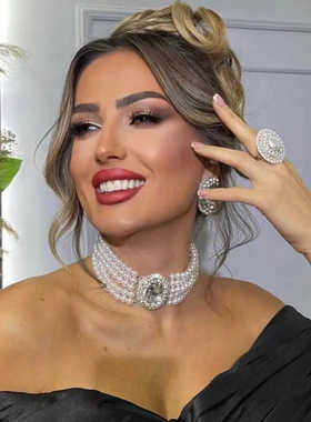 椭圆闪钻多层珍珠项链