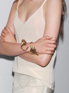 ZA新款欧美风复古简约金属银杏叶片形手镯时尚个性气质缠绕手环女