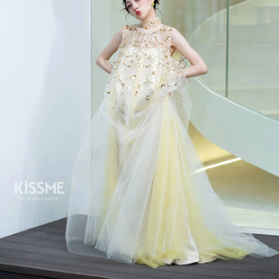 晨拍礼服新娘晨袍女浅黄色日常订婚出阁拍照连衣裙礼服长裙