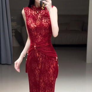 晨拍礼服女新娘红色蕾丝无袖立领收腰鱼尾敬酒服端庄礼服连衣裙长