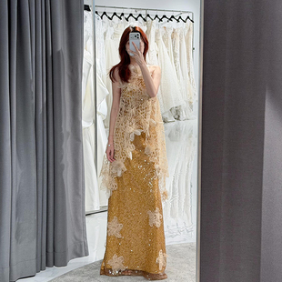 晨拍礼服女新娘法式 蕾丝礼服金色宴会敬酒服连衣裙长 高级感挂脖式