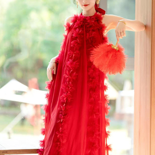 晨拍礼服女新娘高级感甜美挂脖式红色仙气质感晚装敬酒服连衣裙长