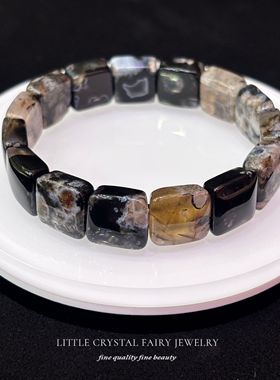 天然黑棕樱花玛瑙方形手排牌手链diy原创水晶饰品黑色系小众首饰