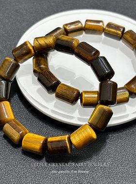 天然黄虎眼石圆柱桶珠手串外贸首饰手链可diy原创材料男生礼物