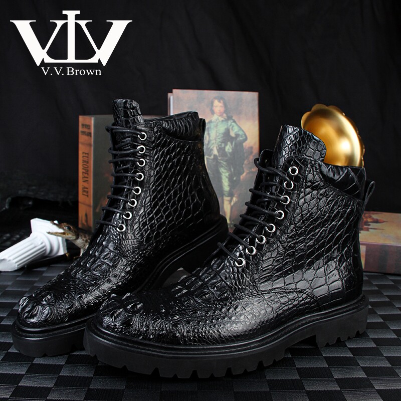 V.V.BROWN意大利专柜正品鳄鱼皮马丁靴高档商务加绒加厚真皮男鞋