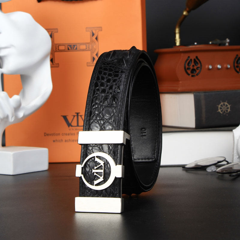 VVBROWN皮带男士真皮板扣奢华品牌高档正品鳄鱼皮裤腰带3.8平滑扣