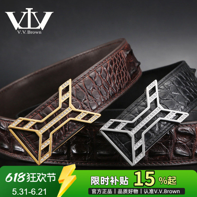 V.V.Brown新款鳄鱼皮皮带男真皮 专柜正品高档平滑扣镶钻轻奢腰带