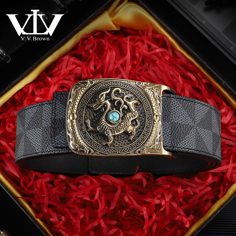 V.V.Brown青龙黄铜平滑扣皮带男士真皮格纹腰带男款奢侈品牌