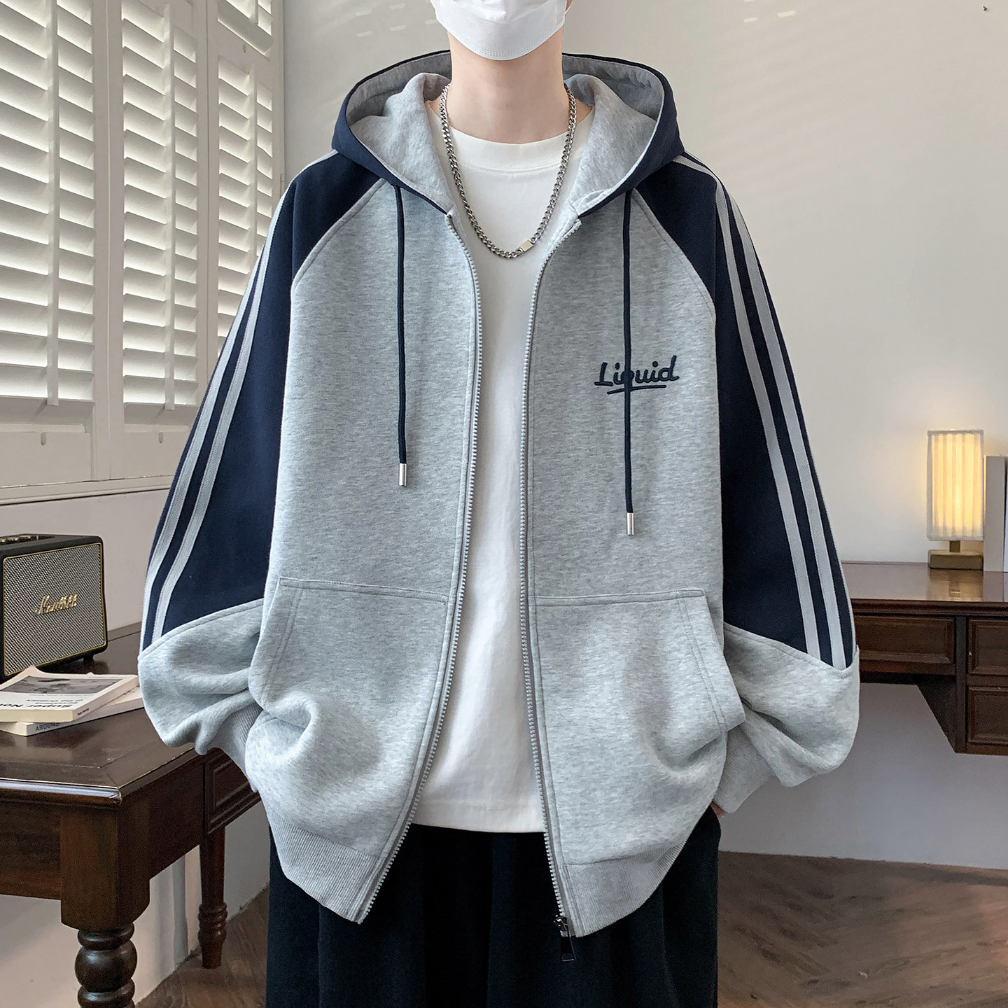 撞色连帽开衫卫衣男青少年学生简约百搭运动上衣潮流帅气春秋外套