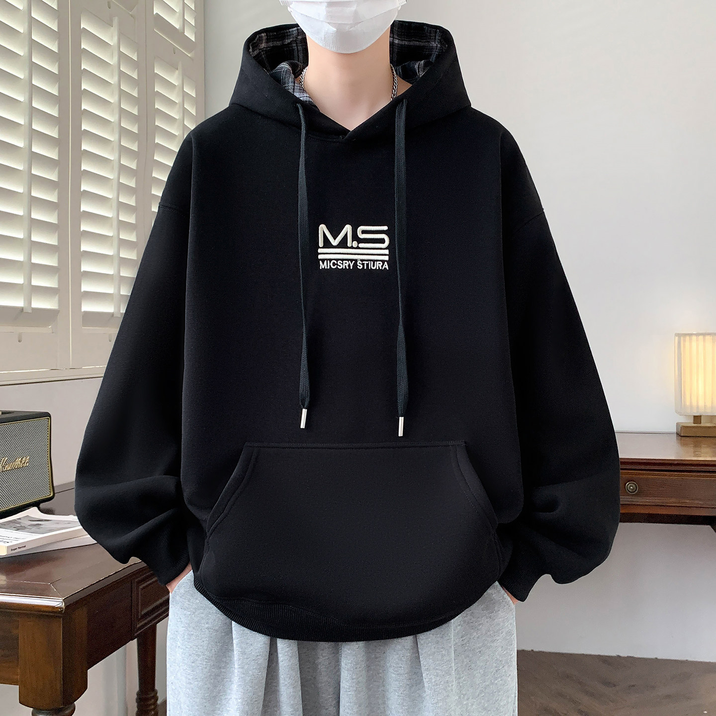 春秋连帽棉质卫衣男青少年刺绣袋鼠兜纯色上衣服学生简约帅气外套