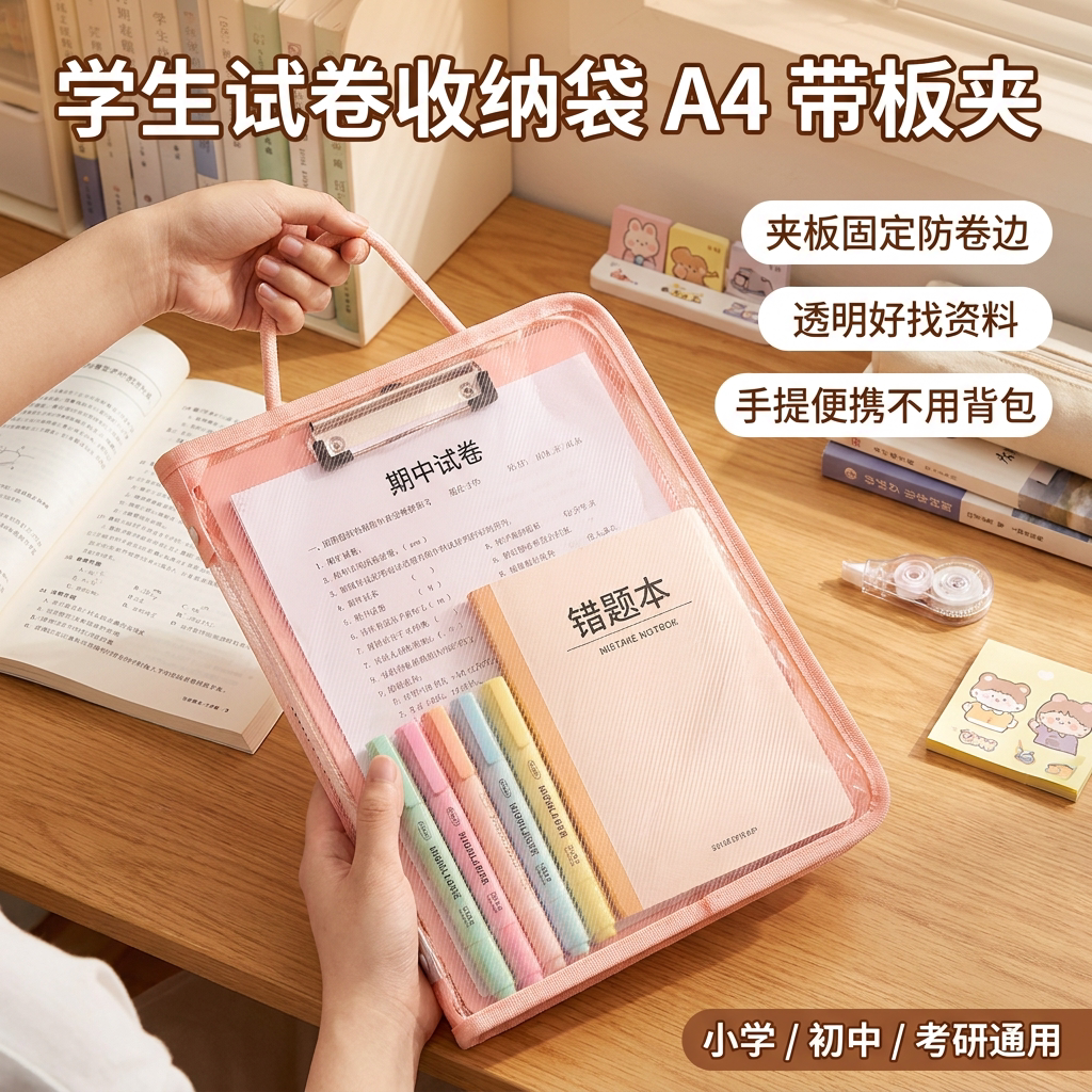齐心A4手提文件袋透明拉链带板夹