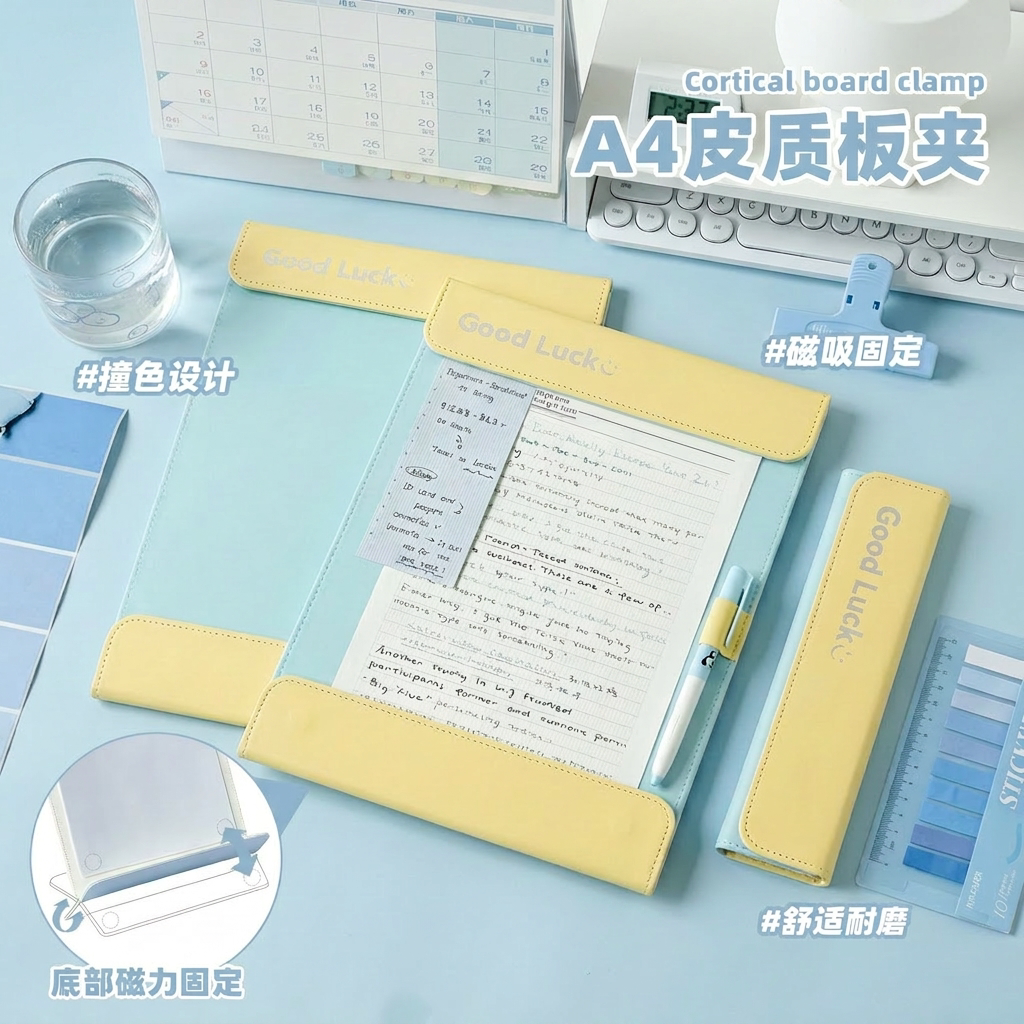 齐心A4磁吸板夹文件夹皮质板夹学生用书写垫板试卷夹子夹板多功能写字板办公用会议记录夹书夹便签夹子边角夹