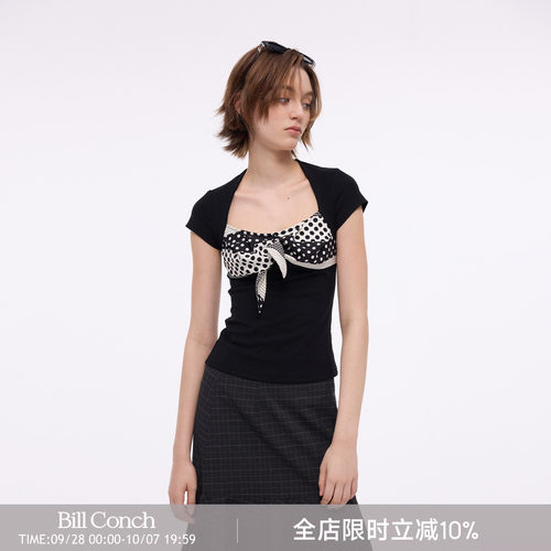 【叠影波点】BiLLconch黑波点拼接方领短袖t恤假两件辣妹独特上衣