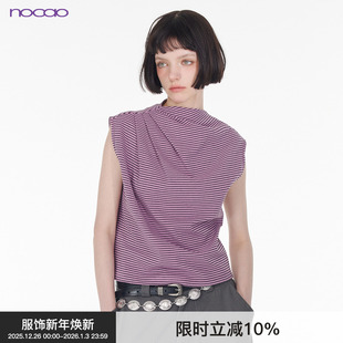 T恤无袖 美式 BiLLconch原创复古条纹女百搭无袖 背心 做褶层次