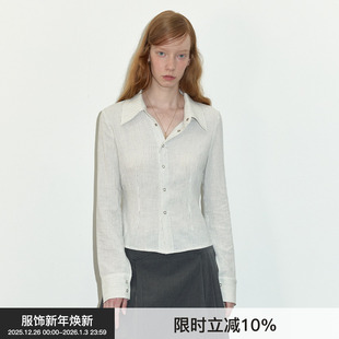 纯色短款 Berlinconch条纹收腰长袖 上衣女2024年秋冬 竖条衬衫