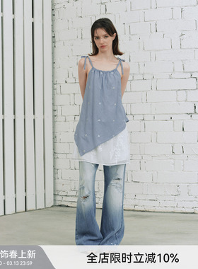 【45°偏航】BiLLconch蔚蓝船舵钉珠连衣裙女斜切下摆拼接吊带裙