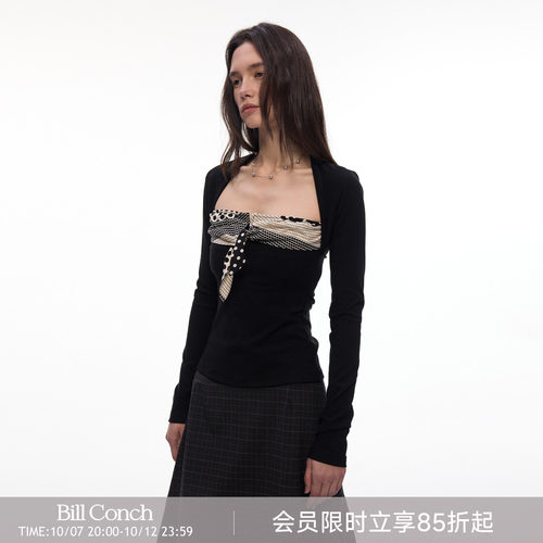 【叠影波点】BiLLconch高弹黑白长袖t恤波点修身假两件上衣女早秋