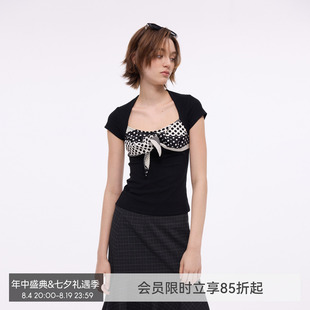 【叠影波点】BiLLconch黑波点拼接方领短袖t恤假两件辣妹独特上衣