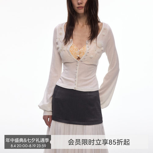 【晨雾花园】BiLLconch白色手工订花针织开衫修身薄款纯欲风上衣
